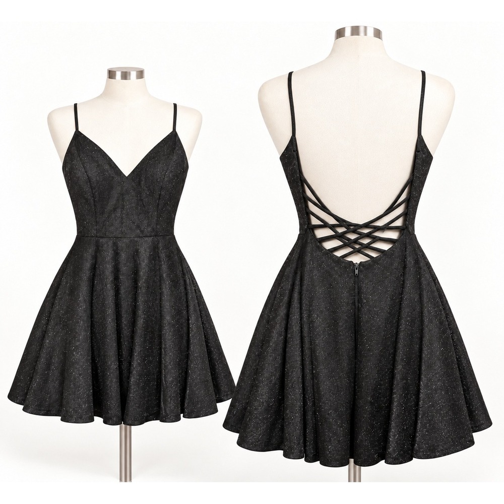 Black Glitter Fit and Flare Cocktail Dress Lace Up Back V-Neck Mini
